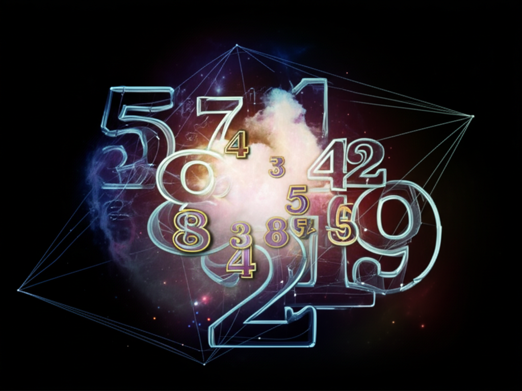 Абстрактное изображение, иллюстрирующее что означают цифры в виде светящихся символов в космосе.