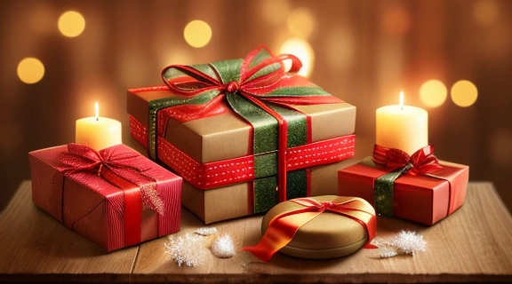 Разнообразные, красиво упакованные подарки на Новый год, разложенные на деревянном столе в уютной праздничной обстановке.