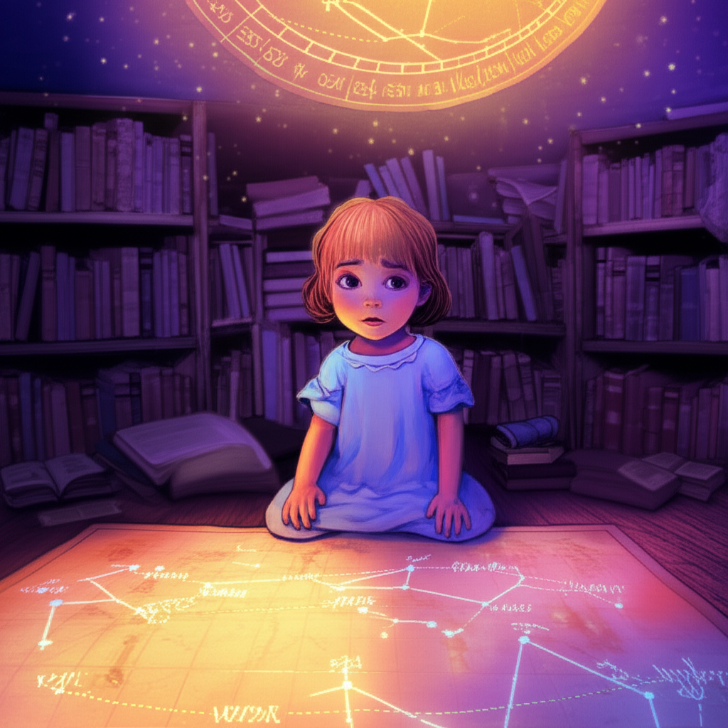 Детальная иллюстрация, раскрывающая, что такое астрология детей, где ребенок изучает звездную карту.