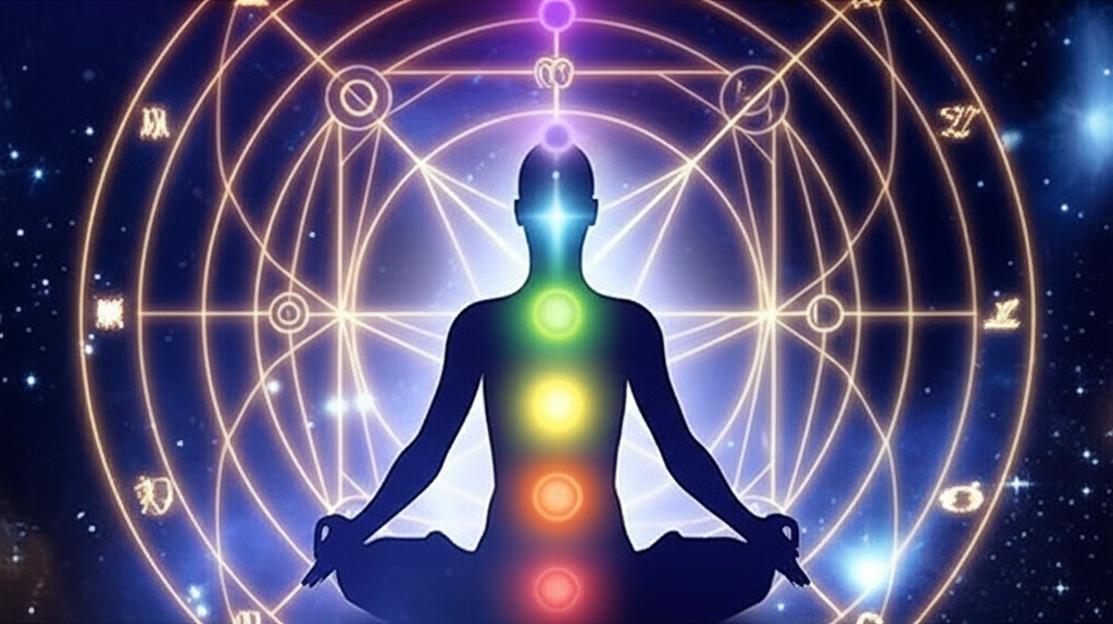 Схематичное изображение, на котором показано, что такое астрология энергии: силуэт человека с чакрами и наложенной на него натальной картой.