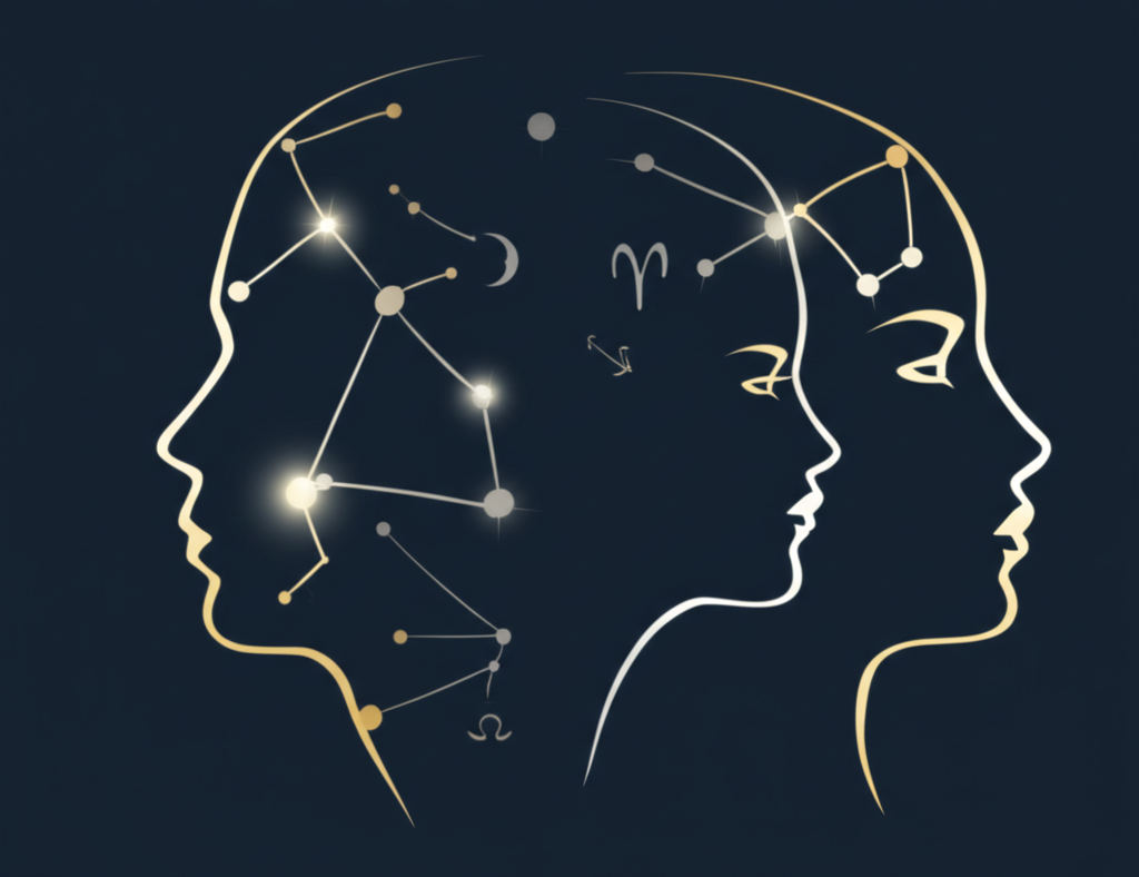 Схематическое изображение, объясняющее что такое астрология отношений через сплетение звездных карт двух людей.