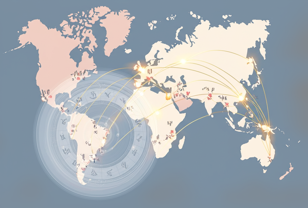 Детальная инфографика, объясняющая, что такое астрология переездов, с картой мира и планетарными линиями.