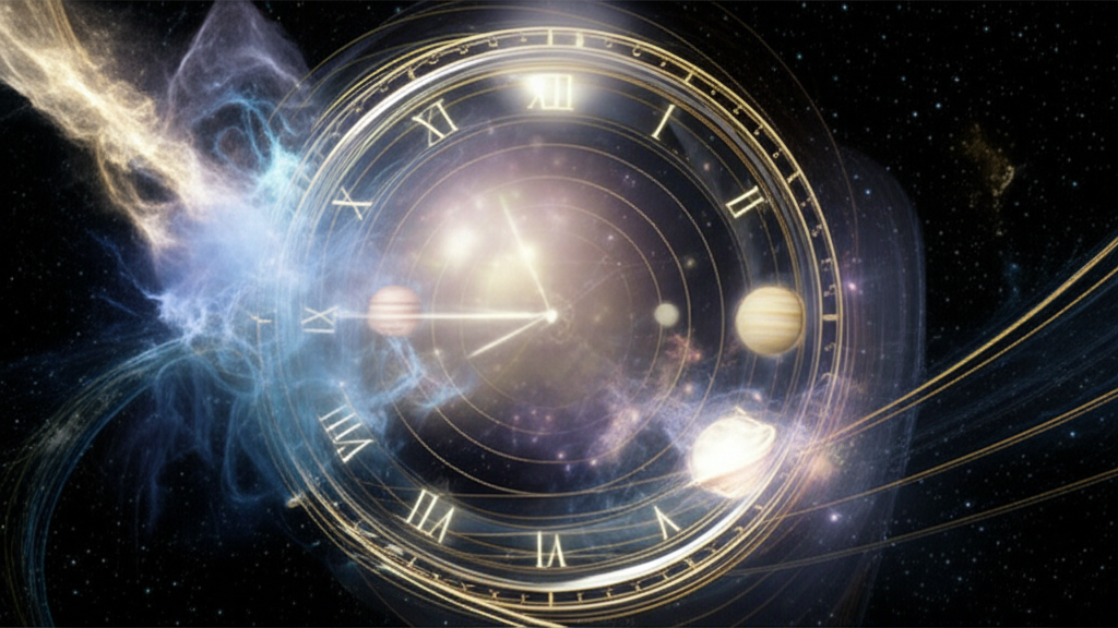 Визуализация концепции что такое астрология времени, объединяющая космические часы и планетарные циклы.