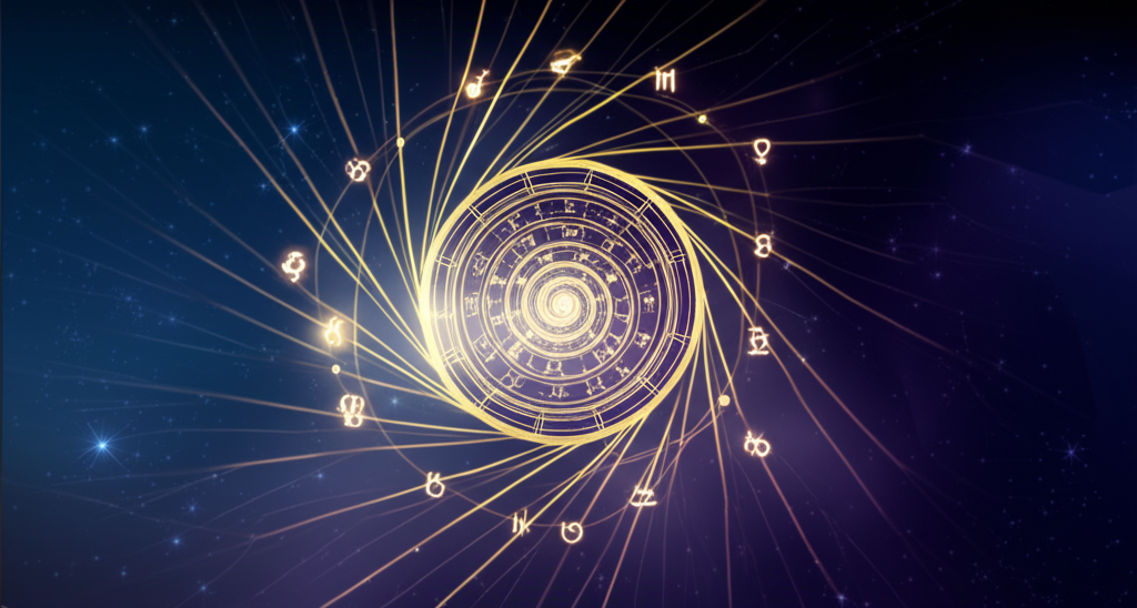 Астрологическая схема, иллюстрирующая что такое дирекции в астрологии, на фоне космического пространства