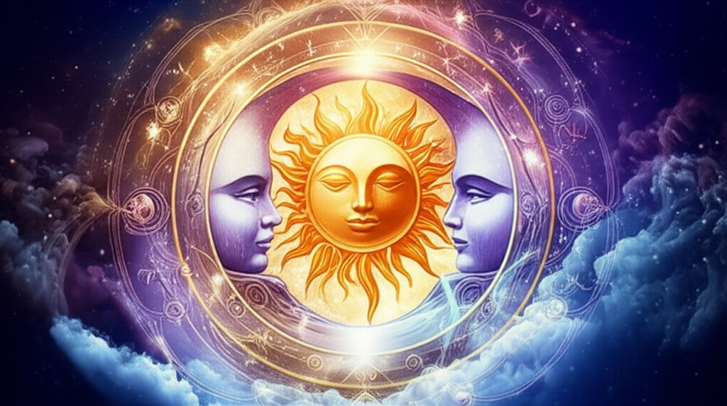 Изображение, символизирующее концепцию что такое двойной знак зодиака через слияние двух астрологических символов на фоне звездного неба, подчеркивающее многогранность личности.