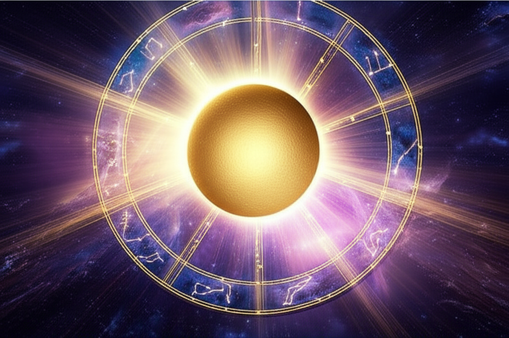 Графическое изображение, которое объясняет, что такое экзальтация планет на примере сияющего зодиакального круга.