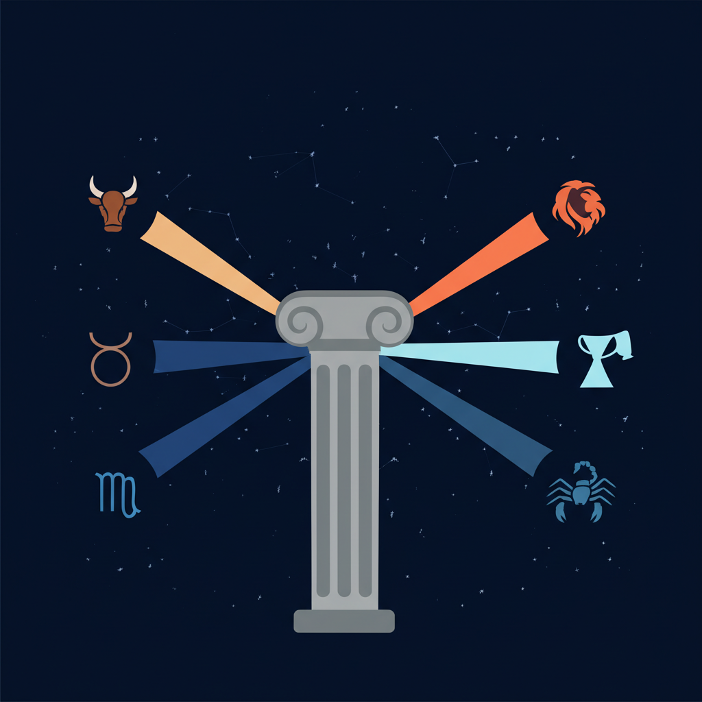 Схематическая иллюстрация, объясняющая что такое фиксированные знаки зодиака, с иконками Тельца, Льва, Скорпиона и Водолея.