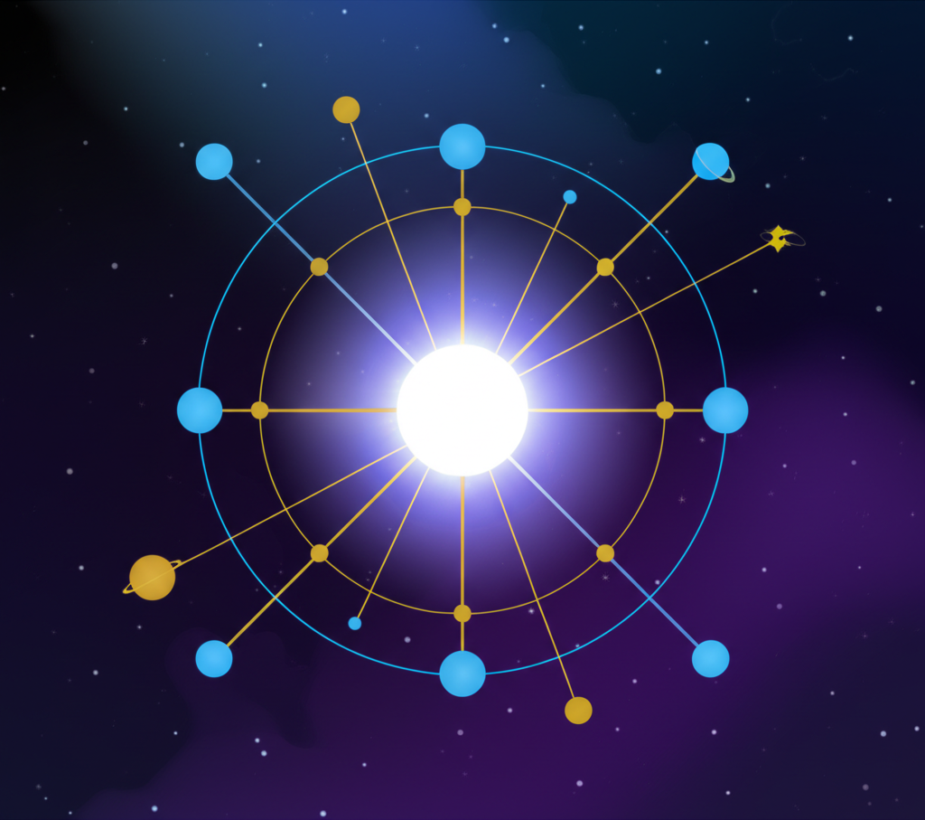 Абстрактное изображение, которое иллюстрирует что такое гармоничный гороскоп: планеты и светящиеся линии в космосе.