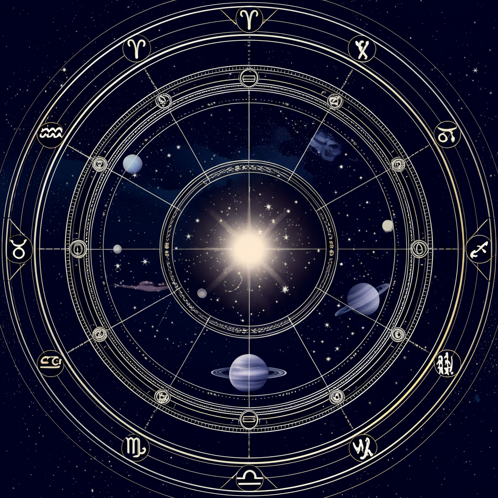 Детальное изображение, объясняющее, что такое гороскоп, с зодиакальным кругом и планетами.