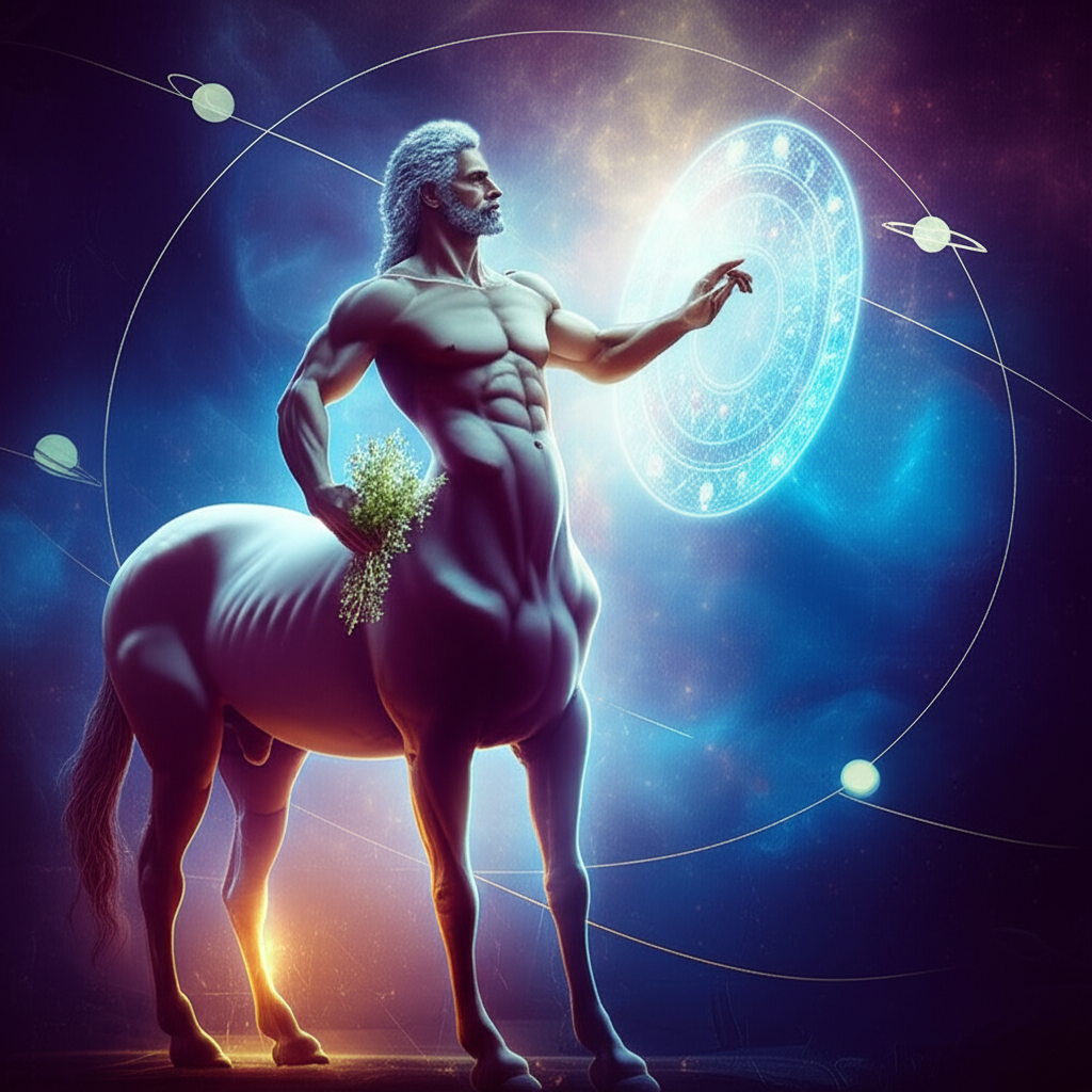 Астрологический символ, иллюстрирующий что такое хирон в астрологии: мудрый кентавр на фоне космоса.