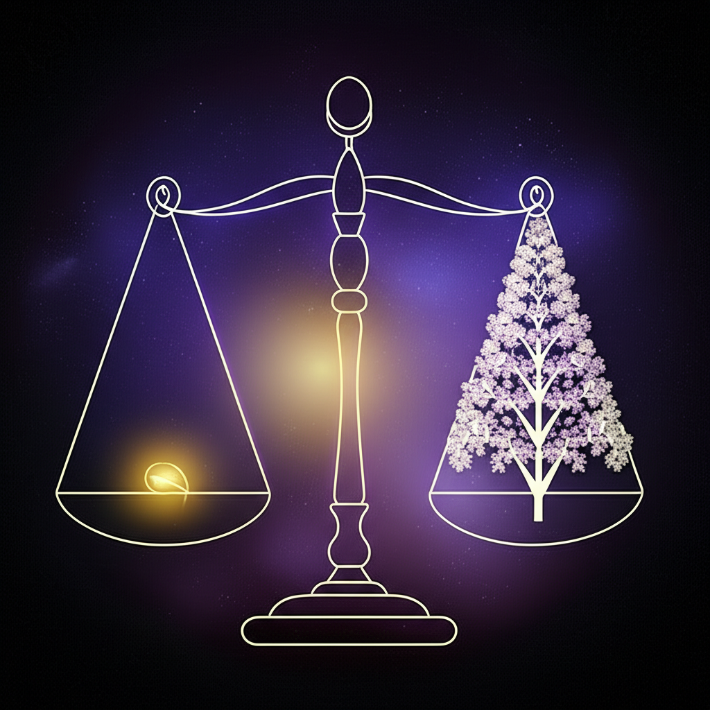 Символические весы баланса, иллюстрирующие универсальный закон Карма