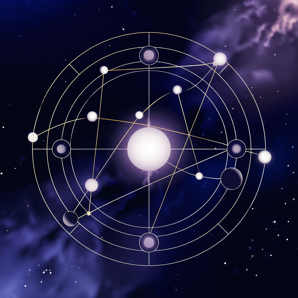 Наглядная схема, объясняющая, что такое космограмма: зодиакальный круг с планетами и аспектами.