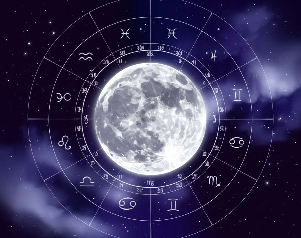 Стилизованное изображение, объясняющее, что такое луна в астрологии: ночное светило на фоне зодиакального круга.