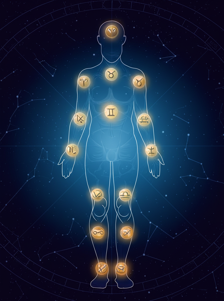 Что такое медицинская астрология: символическое изображение связи знаков зодиака с телом человека.