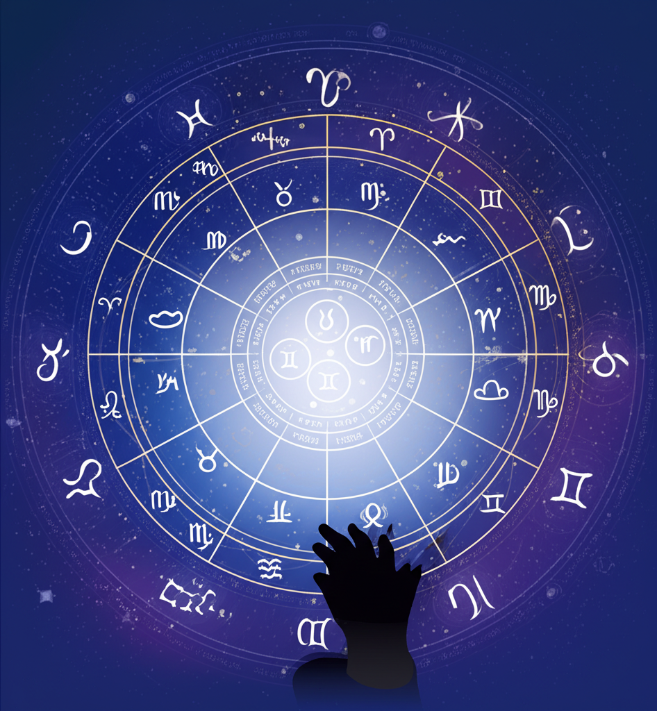 Стилизованное изображение, которое объясняет, что такое натальная карта: зодиакальный круг с планетами и знаками.