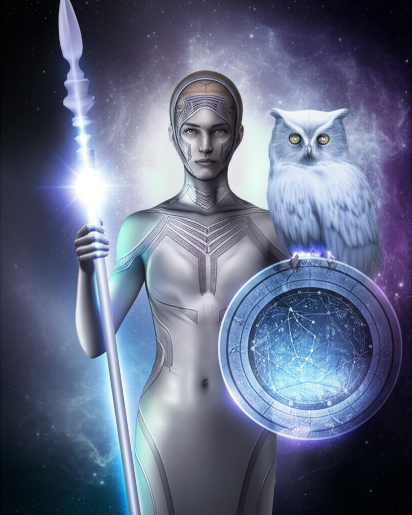 Иллюстрация, раскрывающая что такое Паллада в астрологии, с изображением мудрой воительницы на фоне космоса.