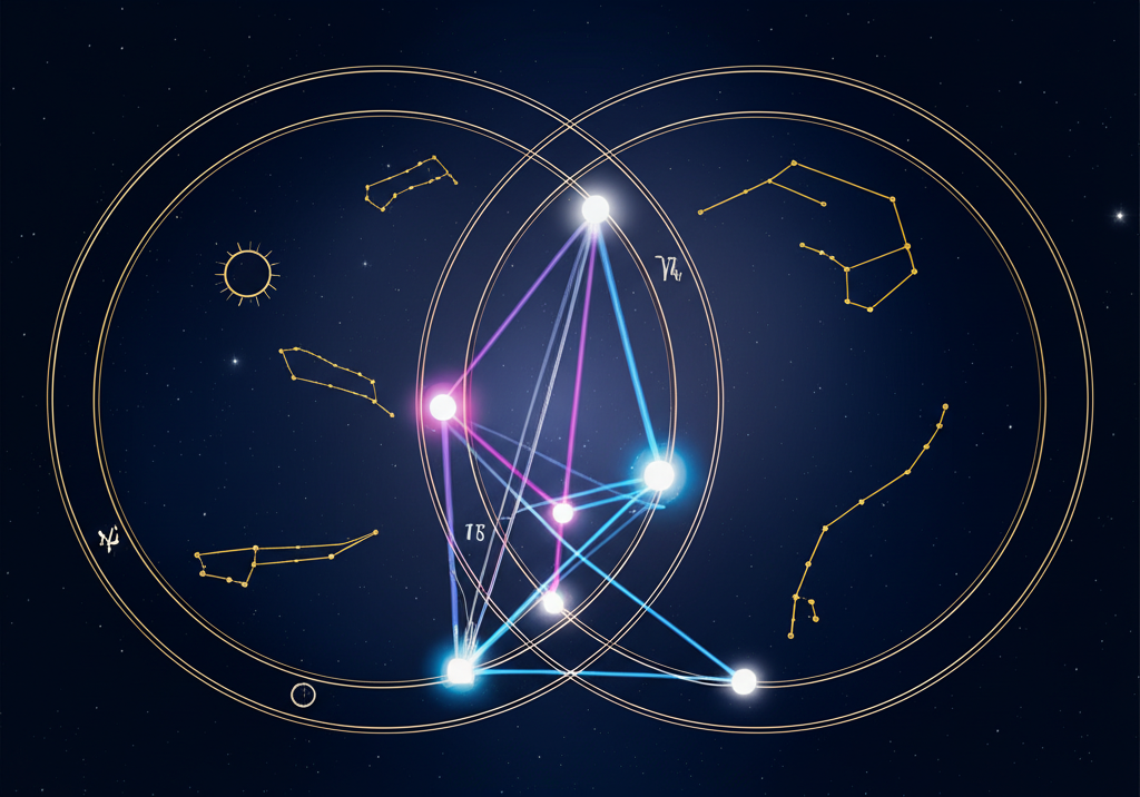 Абстрактное изображение, иллюстрирующее, что такое синастрия: две пересекающиеся астрологические карты с планетами и аспектами.
