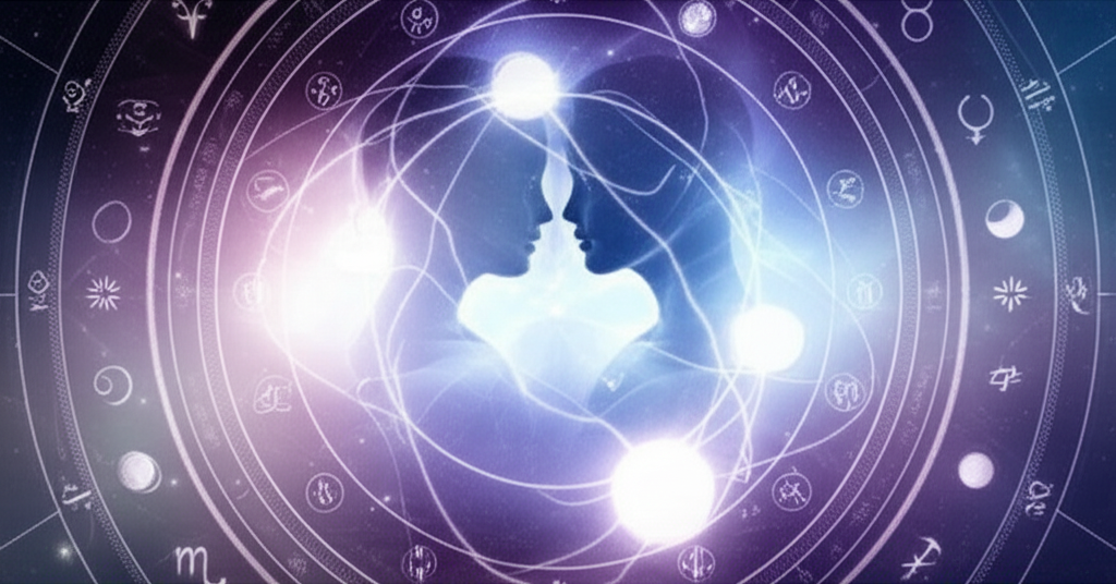 Изображение демонстрирует концепцию того, что такое синастрия в астрологии, показывая две наложенные друг на друга фигуры и переплетающиеся линии астрологической карты на фоне звездного неба, символизирующие совместимость и взаимодействие.