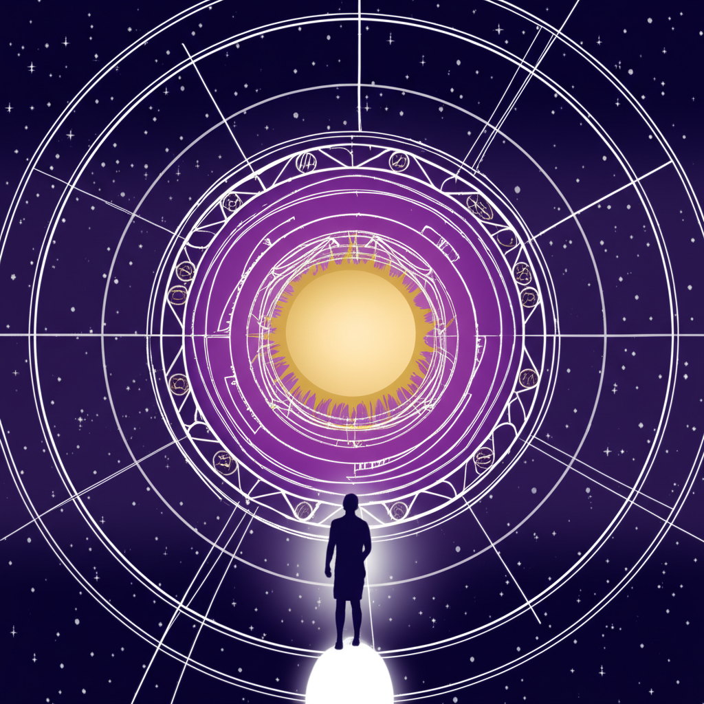 Астрологическая иллюстрация, показывающая, что такое соляр в астрологии, с зодиакальным кругом и солнцем.