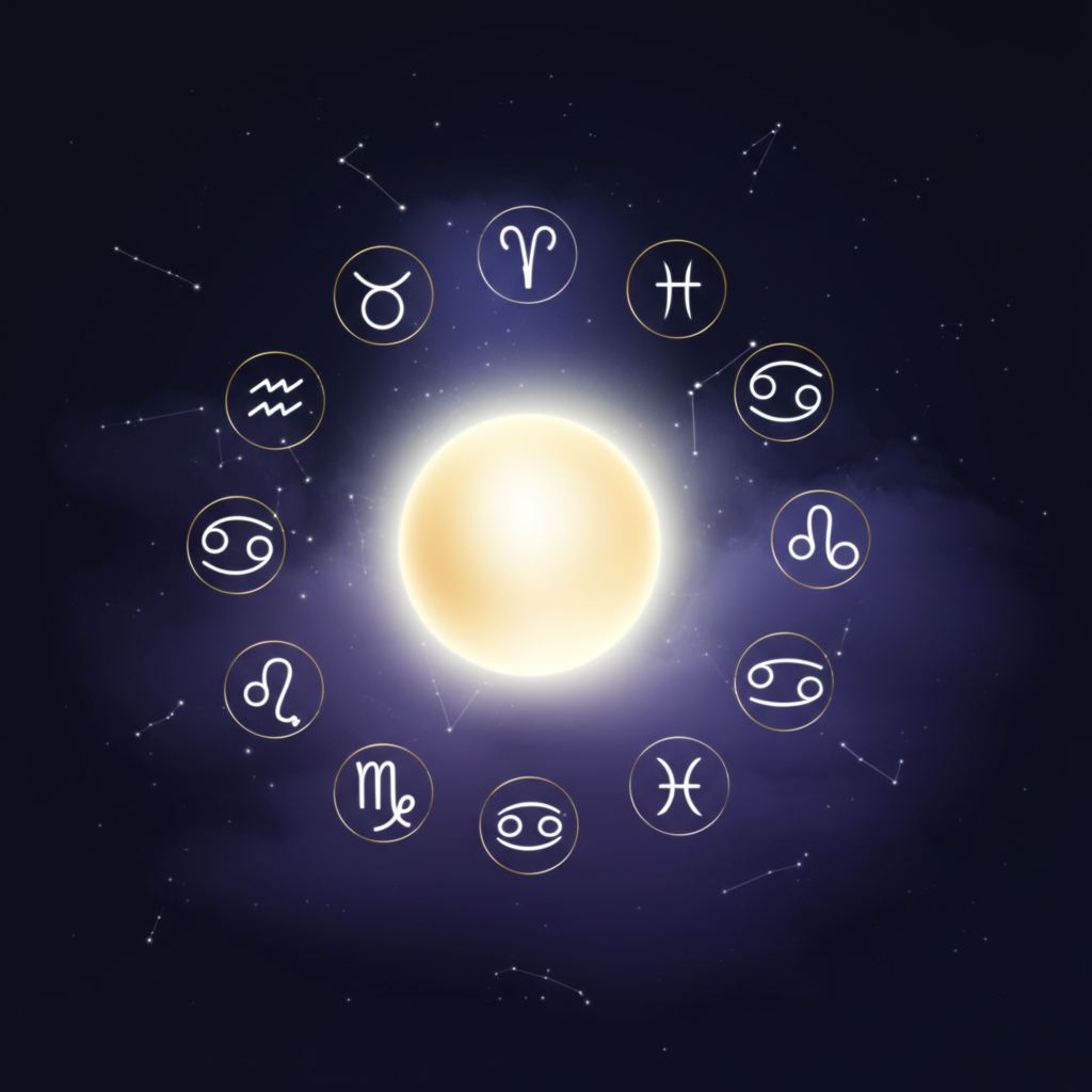 Астрологическая схема, раскрывающая, что такое солнечный знак, с изображением Солнца и зодиакального круга.