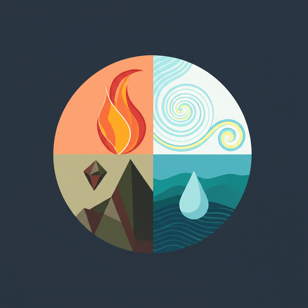 Символическое изображение, объясняющее, что такое стихии в астрологии: Огонь, Земля, Воздух, Вода.