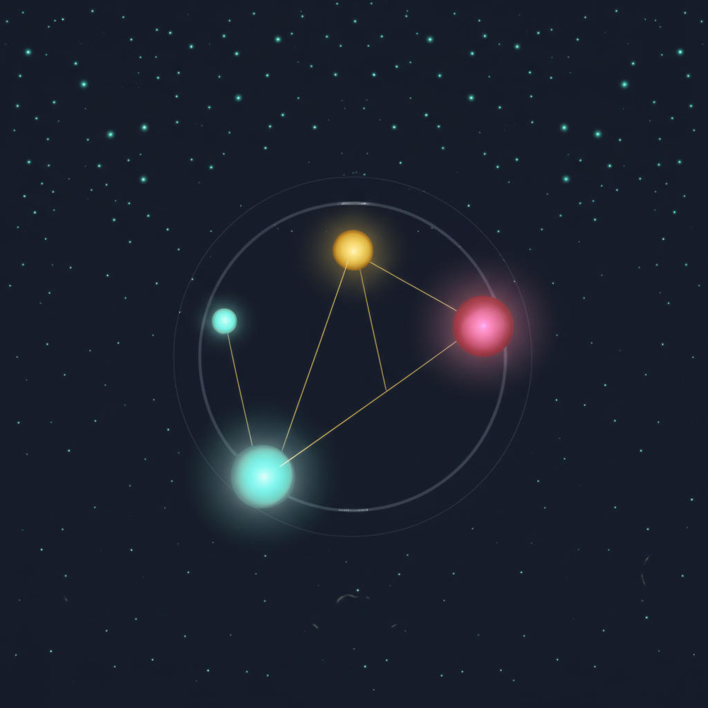 Астрологическая схема, показывающая, что такое тригон в астрологии, в виде светящегося треугольника между планетами.