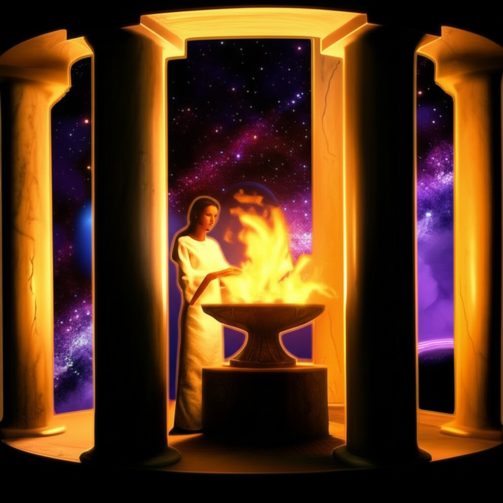 Раскрываем, что такое Веста в астрологии: символическое изображение жрицы у священного пламени на фоне космоса.