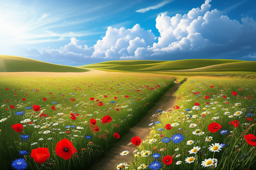 Яркий летний пейзаж, иллюстрирующий, что ждать в первом месяце лета: цветущие поля, солнце и переменчивая погода.