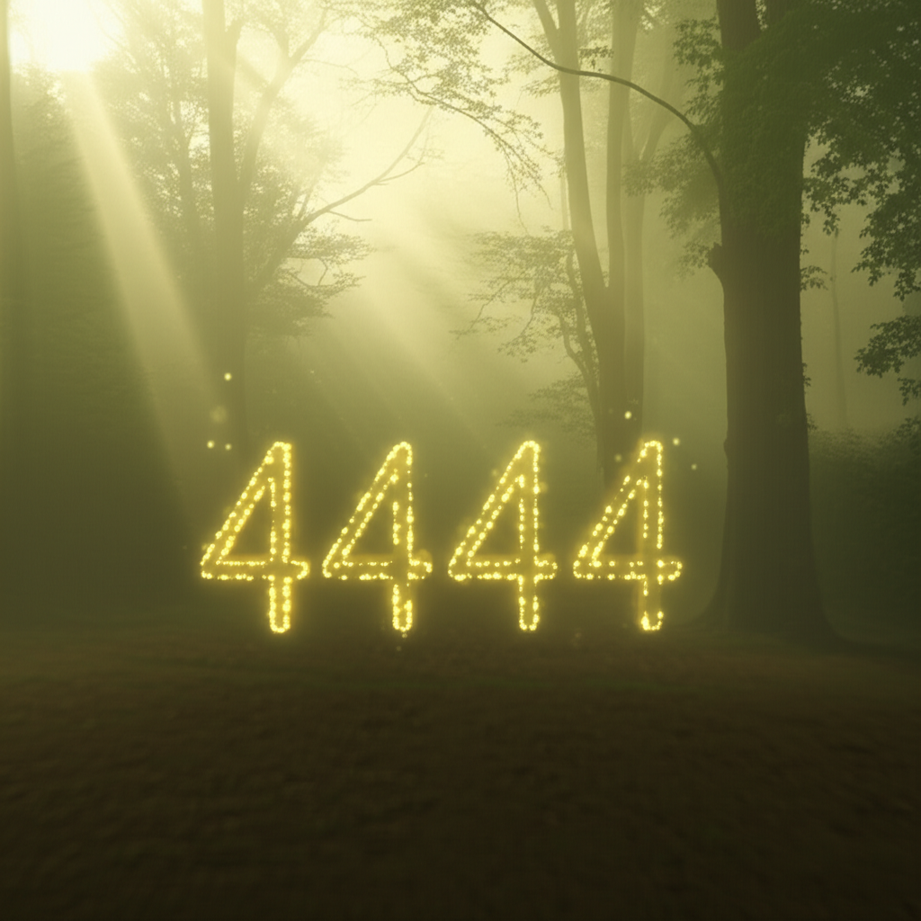 Визуальное объяснение, что значит 444, с сияющими цифрами в мистическом лесу, символизирующими ангельскую поддержку.