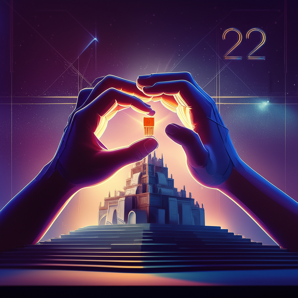 Детальное изображение, раскрывающее что значит число 22: космические руки строят кристаллическое здание.