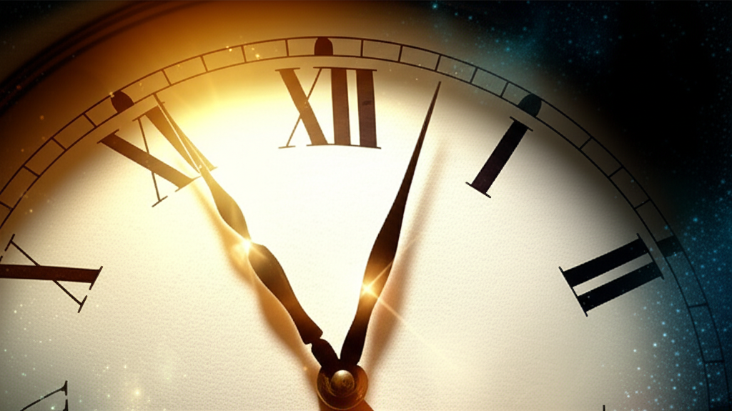 Аналоговые часы показывают, что значит время 14 14, с мистическим свечением на фоне космоса.