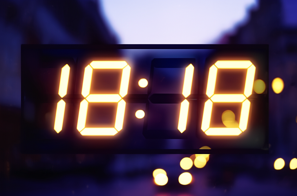 Цифровые часы на размытом фоне вечернего города, которые показывают, что значит время 18 18.