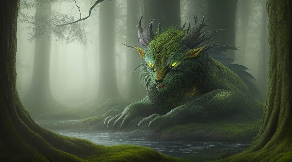 Изображение множества мифических существ, демонстрирующих разнообразие чудовища славянская мифология, в древнем лесу.