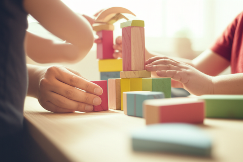 Взрослый и ребенок вместе строят башню, что показывает, как важно находить общий язык, когда рядом чужие дети.