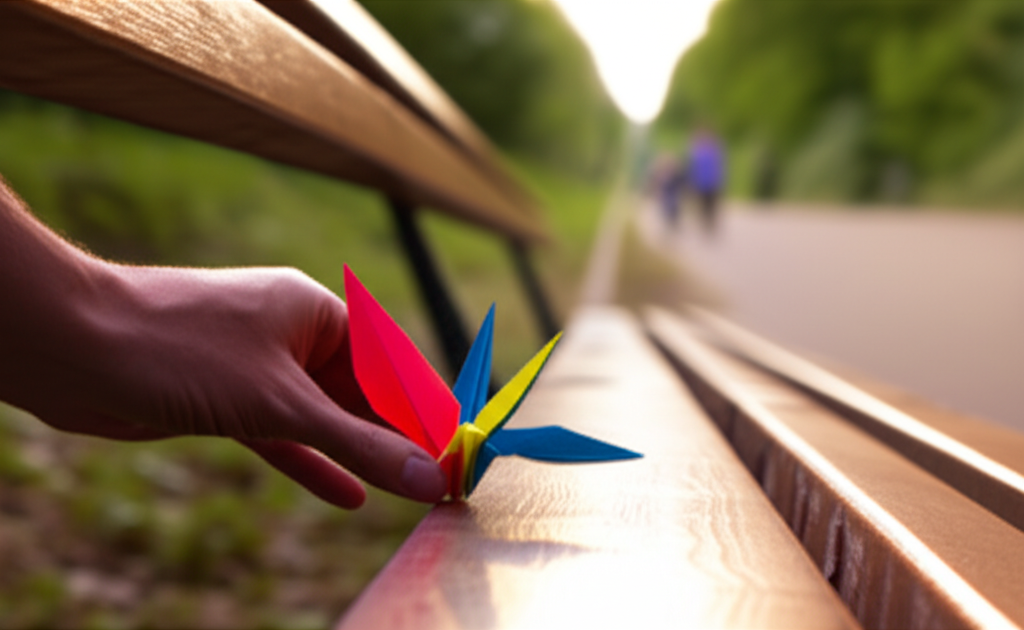 Проявление заботы в день спонтанной доброты: рука оставляет бумажного журавлика на скамейке.
