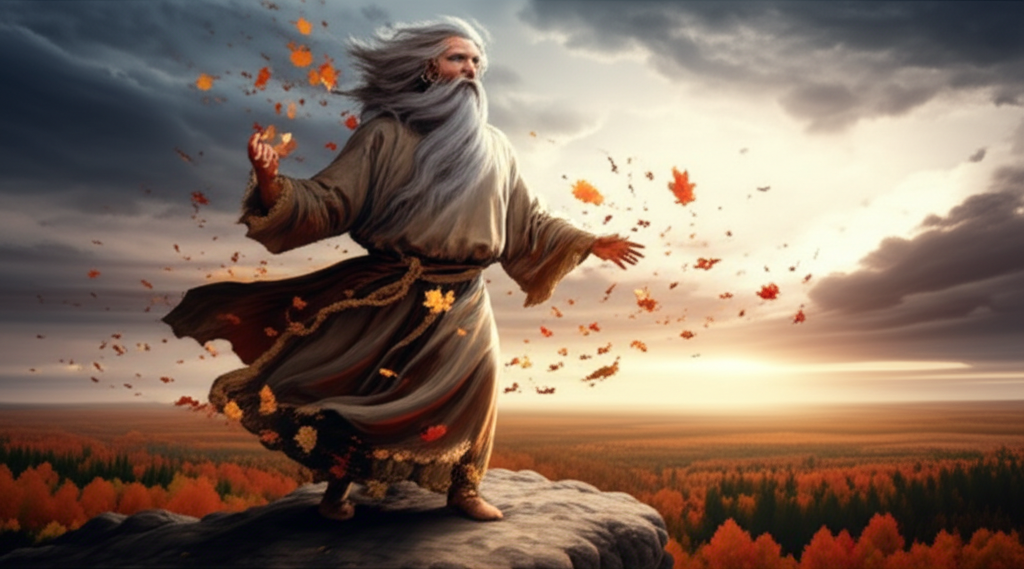 Славянский бог ветров на фоне осеннего пейзажа в день Стрибога