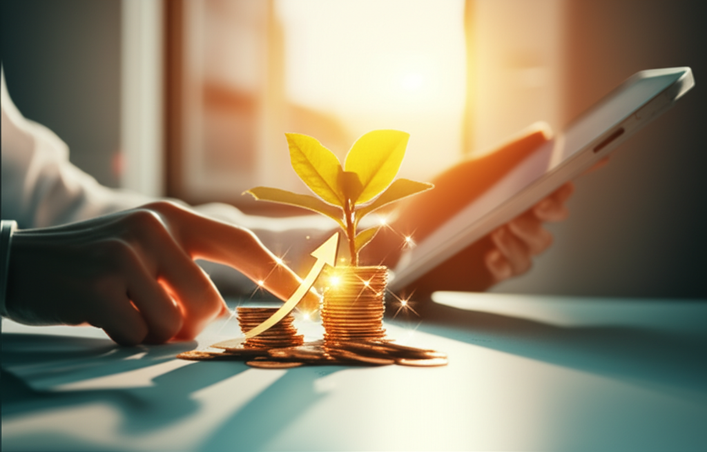 Зеленый росток, пробивающийся сквозь стопку золотых монет, как символ того, что денежная удача требует заботы и роста.