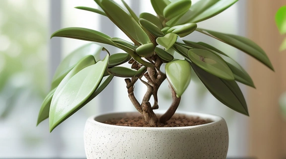 Крупный план здорового и пышного Денежного дерева в керамическом горшке на деревянном столе.