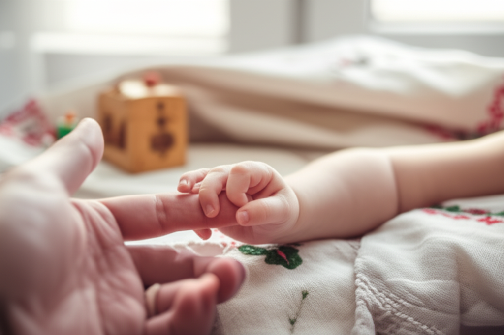 Мама держит ручку младенца, символизируя старинные детские приметы и связь поколений.