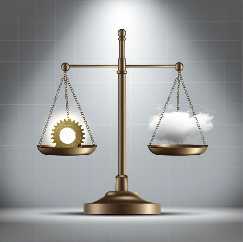 Символическое изображение дилеммы дева да и нет на примере весов с шестеренкой и облаком.