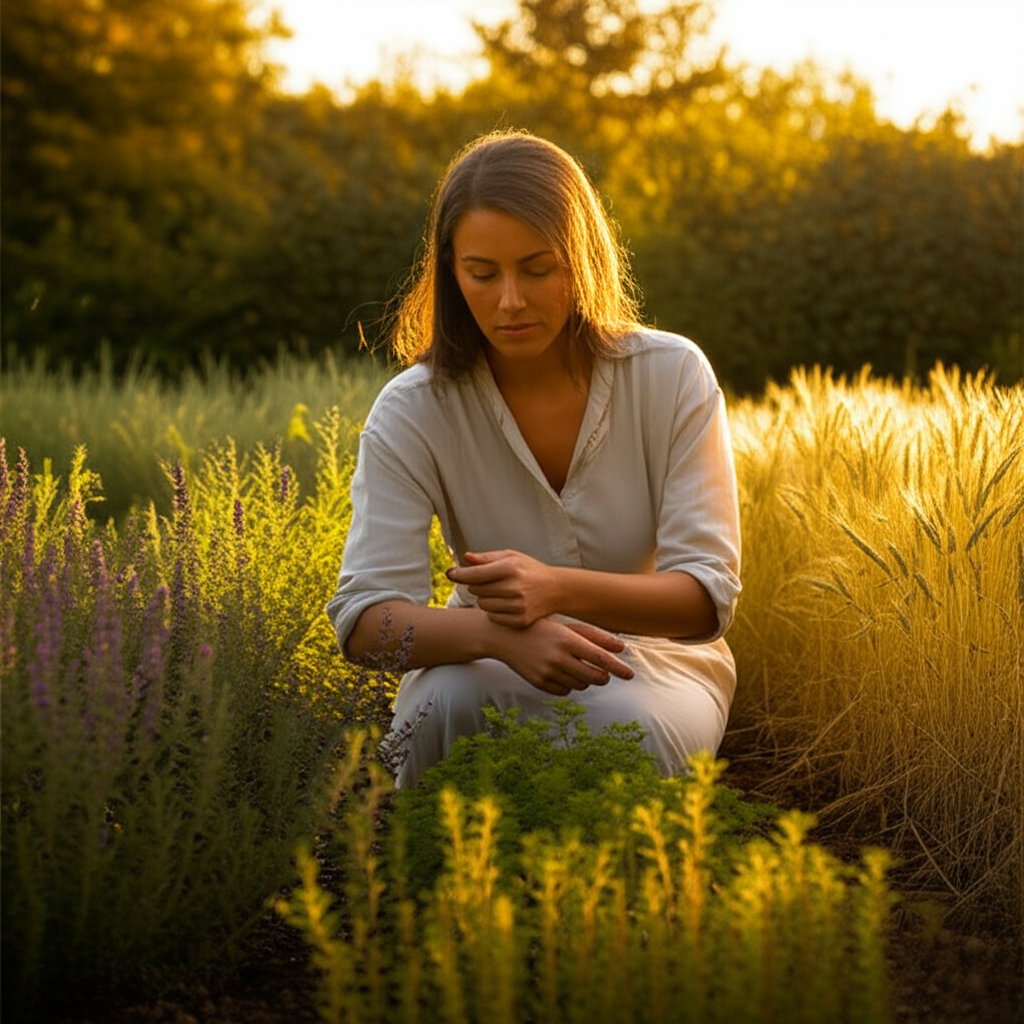Иллюстрация на тему дева это какая стихия, изображающая женщину в ухоженном саду, символизирующую земную природу знака.