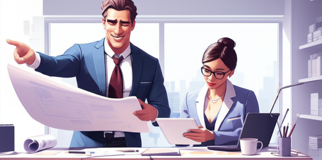 Иллюстрация, демонстрирующая успешную деловую встречу между харизматичным Львом и внимательной Девой, подчеркивающая их <strong>совместимость знаков зодиака Дева и Лев в бизнесе</strong>.