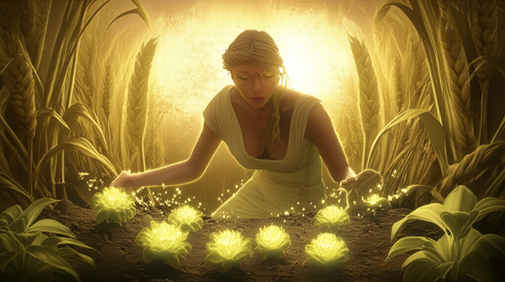 Дева стихия и её символическое изображение в виде женщины в гармоничном саду.