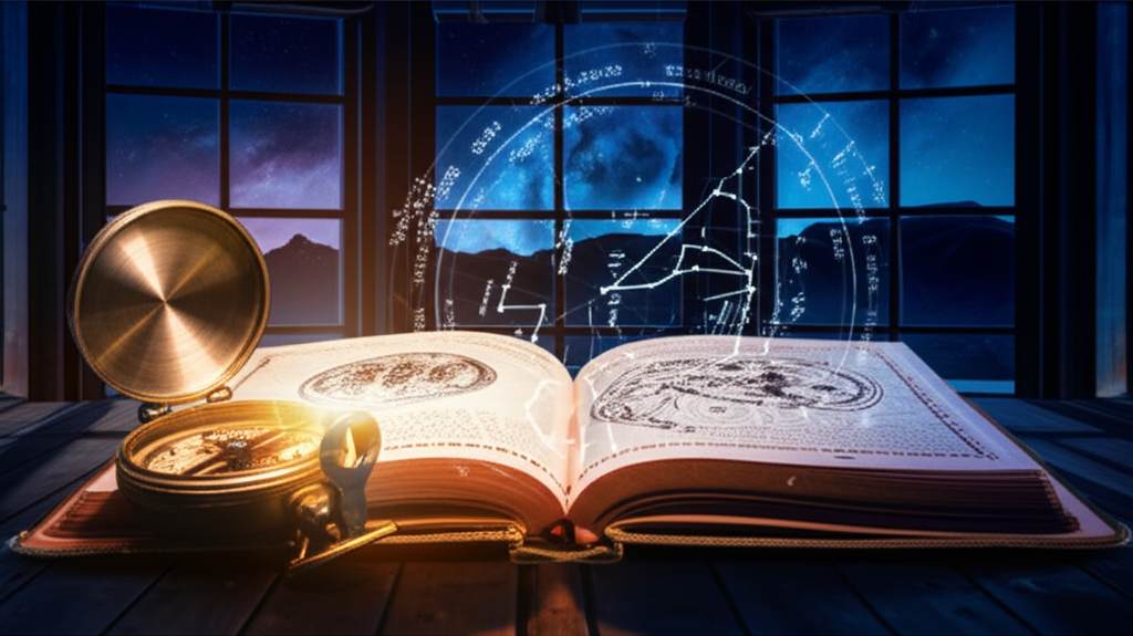 Астрологическая карта и компас, символизирующие девятый дом философия и путешествия.