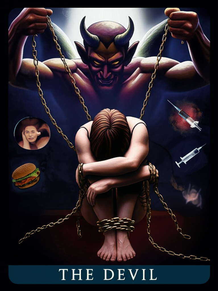 Иллюстрация, символизирующая значение карты Дьявол в Таро на здоровье: человек, окруженный символами зависимостей и стресса, осознает свои оковы, намекая на путь к освобождению и исцелению.