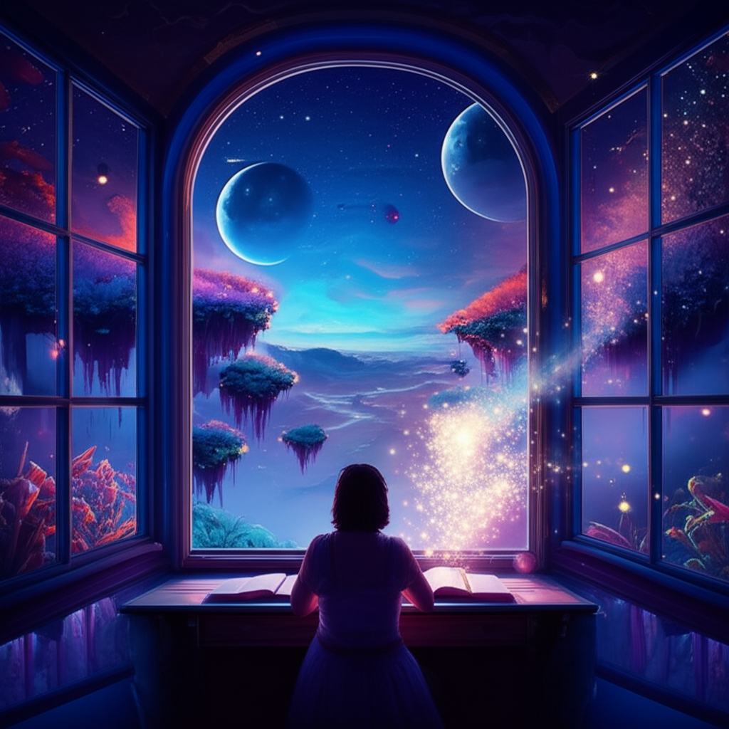 Человек анализирует свои дни сновидений, глядя на фантастический пейзаж за окном.