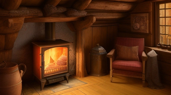 Иллюстрация, изображающая уютный интерьер славянского дома с незримым Домовым, символизирующая присутствие Домашние боги славянского пантеона и их защиту.