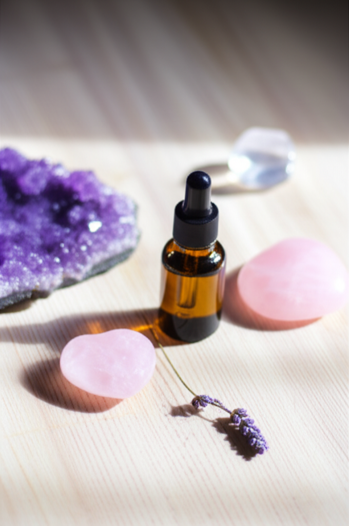 Драгоценные камни ароматерапия: аметист, розовый кварц и флакон с эфирным маслом на деревянном столе.