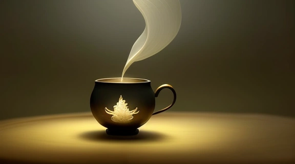 Изображение демонстрирует процесс древнекитайского гадания на чае, где в центре внимания — фарфоровая чашка с осевшими чаинками.