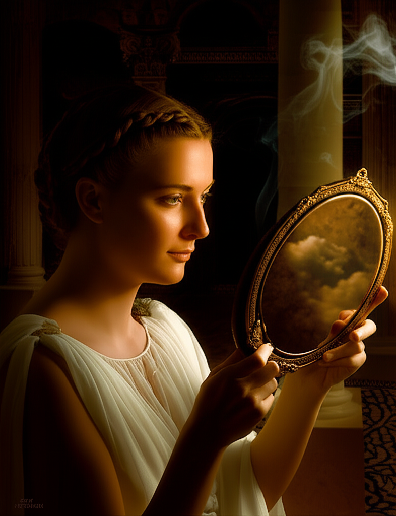 Загадочное древнеримское гадание на зеркале в исполнении жрицы в античном храме.
